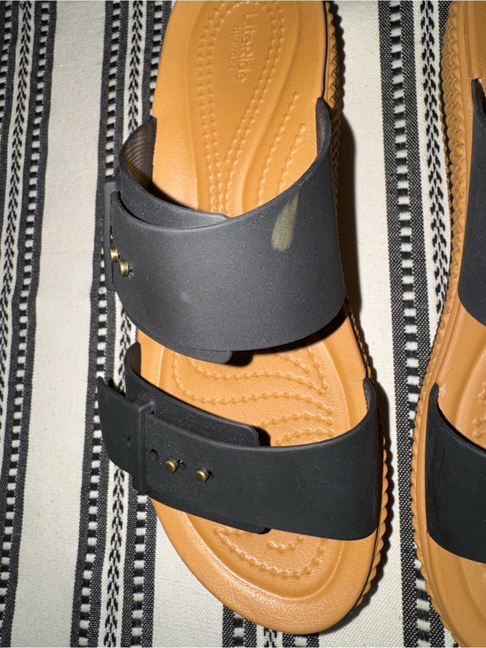 CROCS Double - Strap Black and Tan Platform Sandals, Size 7 - Picture 8 of 15